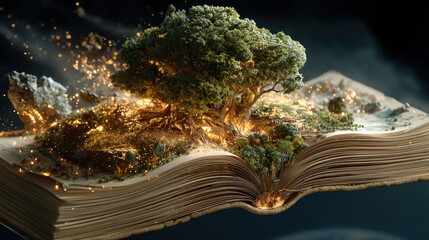 Aufkleber - surreal image of floating book with lush tree growing from its pages, surrounded by glowing particles, evokes sense of wonder and magic