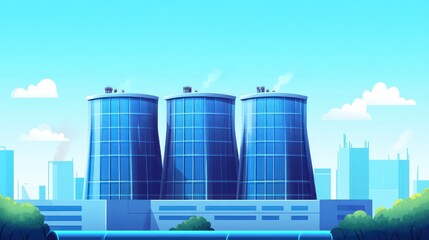 Aufkleber - Three large industrial cooling towers in a city skyline.