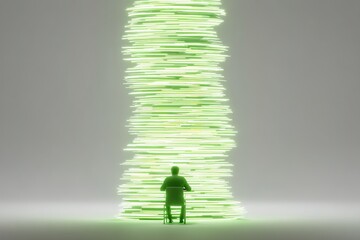 Poster - Creative individual reflecting on digital art surrounded by glowing green light structures in a minimalist space