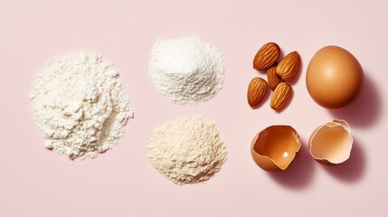 Poster - Flat lay of baking ingredients almond flour, wheat flour, egg, and almonds on pink background.