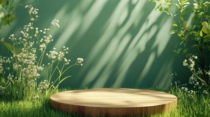 Poster - Wooden platform in sunlit garden with green background, grass, and white flowers.