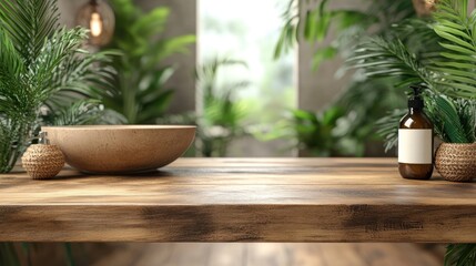 Aufkleber - Wooden table with bowl, bottle, and plants in a lush, tropical setting.