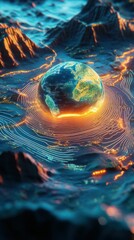 Poster - Digital earth sphere surrounded by ethereal energy waves and mountain peaks