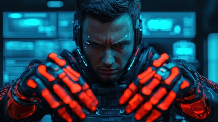 Poster - A futuristic astronaut, with glowing gloves and intense expression, is engaged in a high-tech environment, surrounded by blue and red lights.