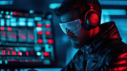 Poster - A man with futuristic sunglasses and headphones, immersed in a digital environment illuminated by blue and red lights, suggests themes of technology and cyberculture.
