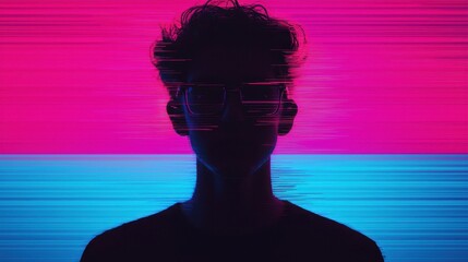 Poster - A silhouette against vibrant pink and blue horizontal lines, creating a digital glitch effect, suggesting a fusion of technology and creativity.