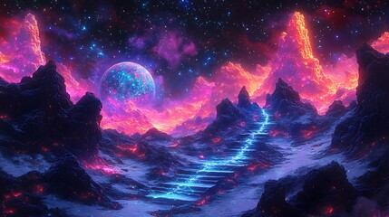 Wall Mural - A vibrant alien landscape with glowing mountains and celestial stairs.