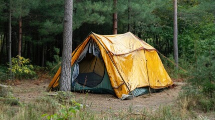 Poster - Worn yellow tent pitched in a forest clearing near trees.