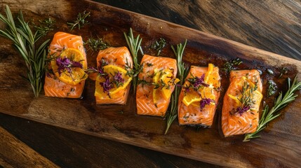 Poster - Five salmon fillets prepared with orange slices, rosemary, and thyme on a wooden board.