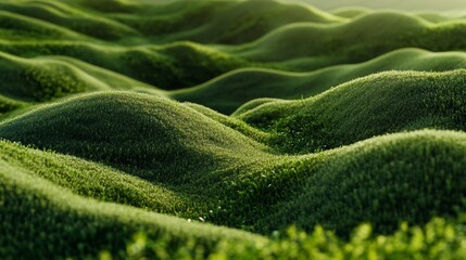Poster - Rolling green hills bathed in sunlight, showcasing texture and depth of lush grass.