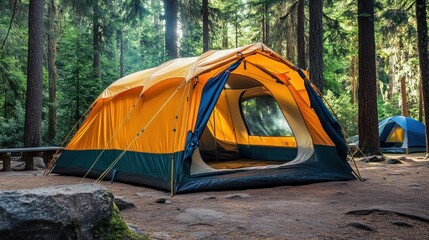 Poster - Yellow tent pitched in a forest campsite.