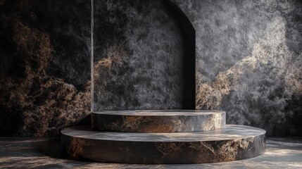 Poster - Dark marble podium with gold veining, arched alcove backdrop.