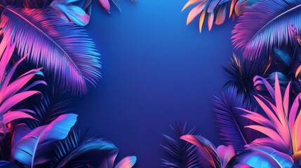 Poster - Vibrant neon tropical leaves frame on blue background.