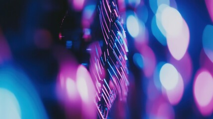 Poster - abstract metallic object with illuminated lines and colored bokeh lights