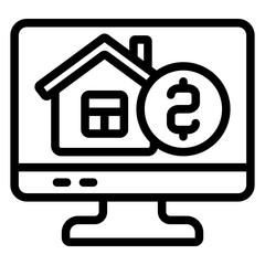 Poster - monitor with coin and house line icon, real estate market concept. vector graphics. display with hou