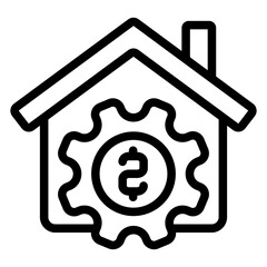 Poster - House with coin cogwheel coin line icon, housing market concept. Vector graphics. Cottage building, housekeeping sign on white background, style mobile or design.
