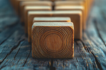 Fototapete - Place the wooden block in the center on a table with a light grey background.
