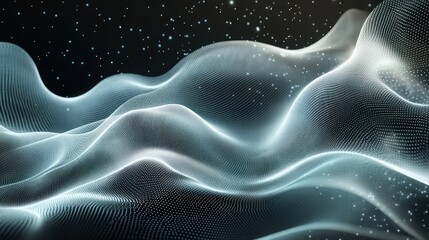 Poster - abstract digital wave landscape with shimmering particles flowing across the dark space a contemporary artistic design element for modern themes