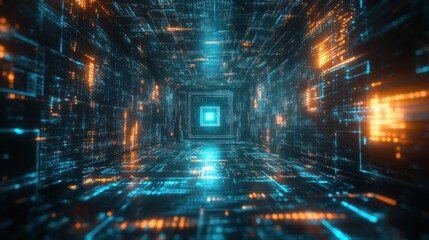 Poster - digital realm corridor with glowing circuit board patterns and a bright square at the end evoking futuristic technologies and data transmission