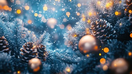 Poster - festive winter scene featuring frosted pine branches golden ornaments and shimmering bokeh creating a magical holiday atmosphere
