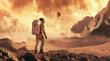 Wall Mural - an astronaut surveys the landscape of an alien planet with a curious gaze