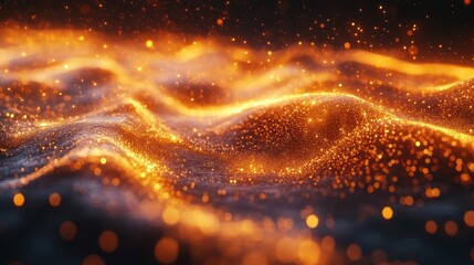 Poster - an abstract landscape of golden particles flowing like liquid creating a dynamic and luminous texture for background or artistic project