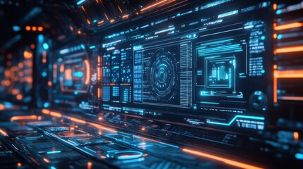 Poster - futuristic interface panel with complex data displays showing glowing icons and intricate geometric patterns illuminating a dark technological space