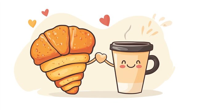 A kawaii-style illustration of a happy croissant and coffee cup holding hands.