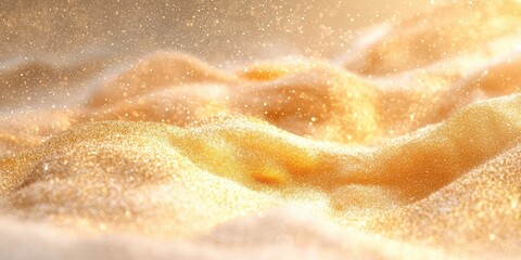 Poster - Glimmering Golden Dust Storm Texture, Abstract Luxury Background for Festive Designs, Holiday Concept. Glittering Particles on Yellow.