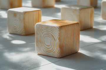 Fototapete - Place the wooden block in the center on a table with a light grey background.