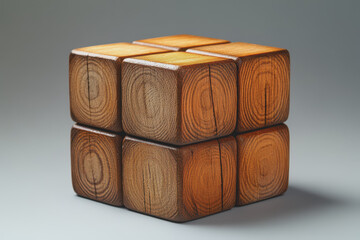 Fototapete - Place the wooden block in the center on a table with a light grey background.