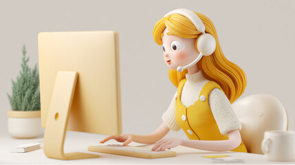 Poster - Cartoon girl with headset works on yellow computer, symbolizing modern communication and customer support, ideal for tech or business concepts