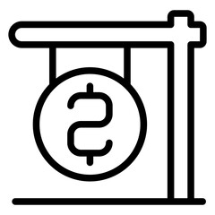 Poster - coin on signboard line icon, finance concept. vector graphics. wooden pole with coin, board sign on 