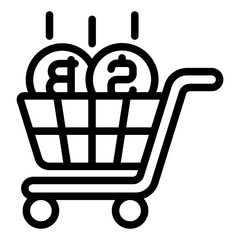 Poster - Shopping cart with coins line icon, finance concept. Vector graphics. Trolley with coins, shopping sign on white background, style mobile or design.