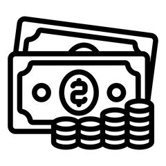 Poster - Money banknotes with coins line icon, banking concept. Vector graphics. Banknotes and stacked coins, money sign on white background, style mobile or design.