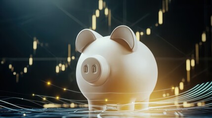 Poster - A modern piggy bank stands in front of financial graphs, symbolizing savings and investment in a digital economy.