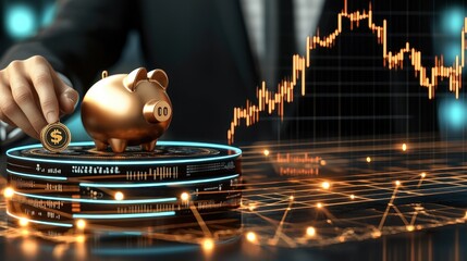 Poster - A businessman places a coin into a golden piggy bank with a digital financial graph in the background, symbolizing savings and investment growth.