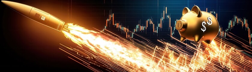 Poster - A rocket and a piggy bank are depicted, symbolizing explosive financial growth and investment dynamics against a backdrop of market charts.