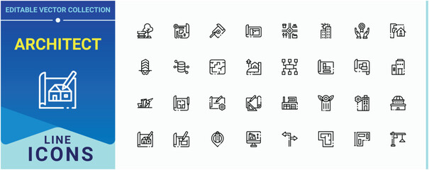 Architect vector icon set. Architectural linear icon collection. Drawing ui icons set in a thin style. Set of line pictogram. Editable stroke collections.