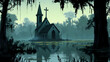 © Thiago - A sunken chapel in a swamp, its steeple barely visible above the mist. Sunken Spire. Illustration