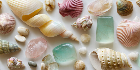 Poster - Seashells, stones, and polished gems arranged on white background create a calming beach aesthetic, showcasing natural textures and colors, ideal for relaxation or spa concepts