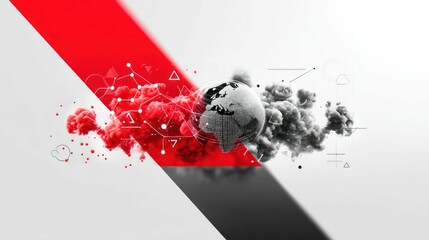Poster - A digital globe surrounded by red and gray smoke with abstract design on a white background.