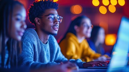 Poster - A diverse group of students are focused on laptops, collaborating and learning together at their desks.