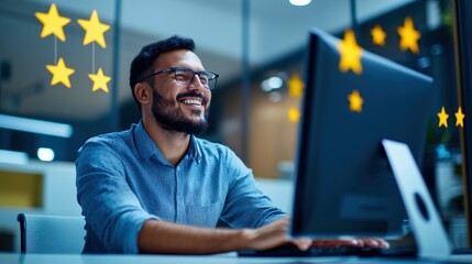 Poster - A happy man is smiling while sitting in front of a computer with star decorations.
