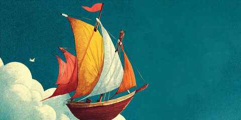 Poster - Sailing ship with orange and red sails floats above clouds, teal background, suggesting journey, adventure, freedom, hope, and dreams