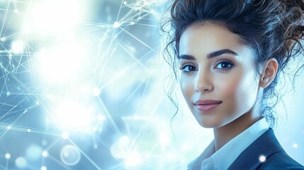 Poster - A striking portrait of a businesswoman, with data network imagery in the background.