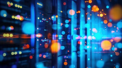 Poster - Abstract view of a server room with bokeh effect, highlighting the tech environment.