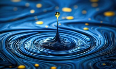 Poster - A single water drop creates a mesmerizing ripple effect in a visually stunning blue fluid surface.