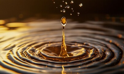 Poster - A single golden liquid drop creates concentric ripples on the surface of the water with droplets above.