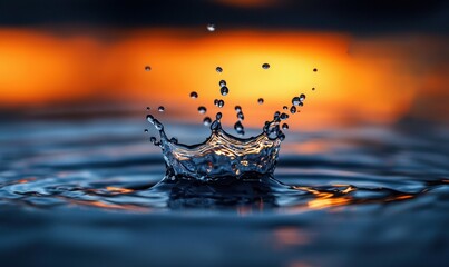 Poster - Mesmerizing water splash creates a crown, frozen in time against a blurred sunset backdrop.